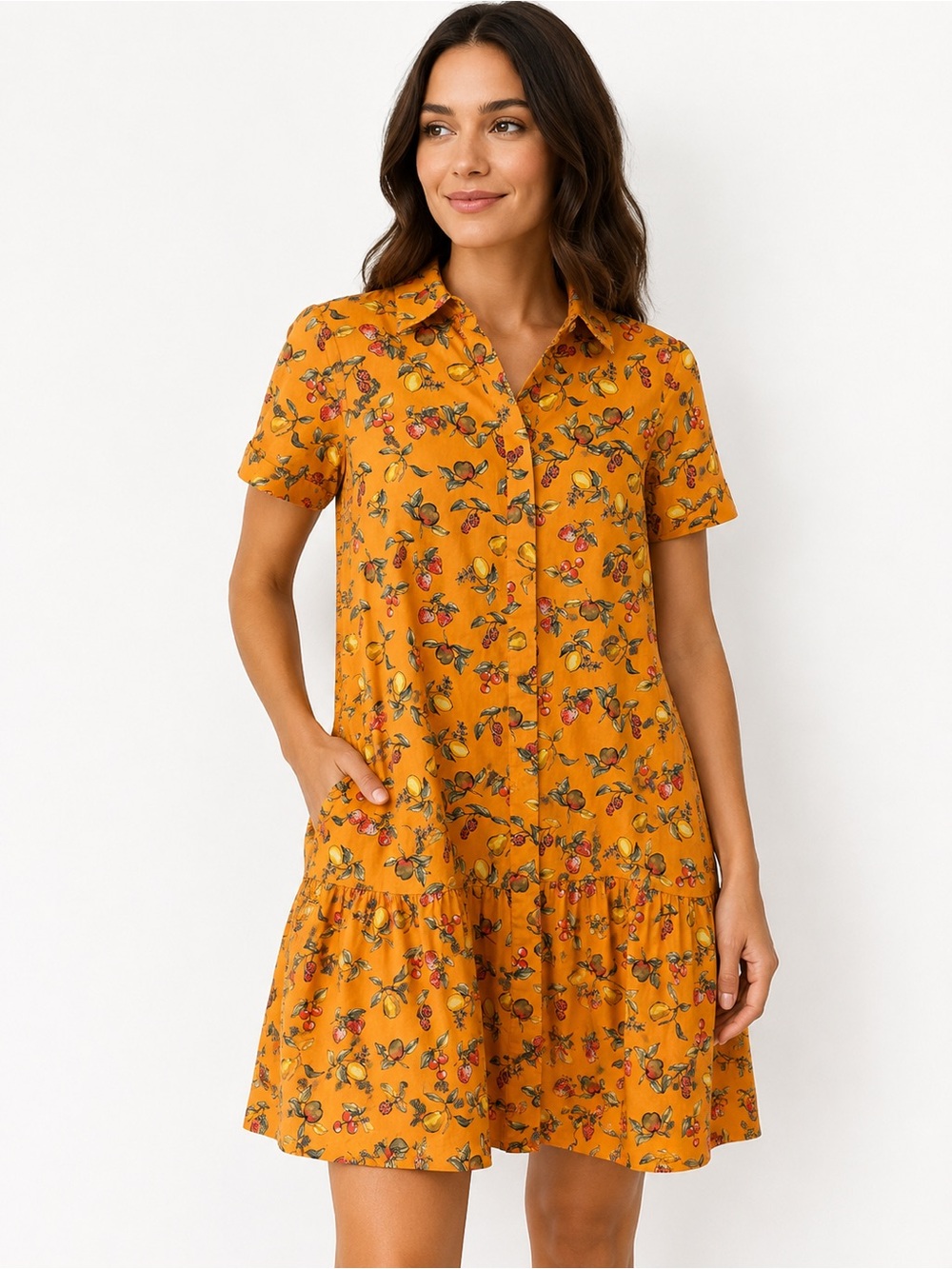 Donna Morgan Fruit Print Shirt Dress US 0 UK 4 Yellow Button Front